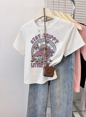 白色短袖t恤女设计感2023夏季新款辣妹减龄半袖美式复古短款上衣