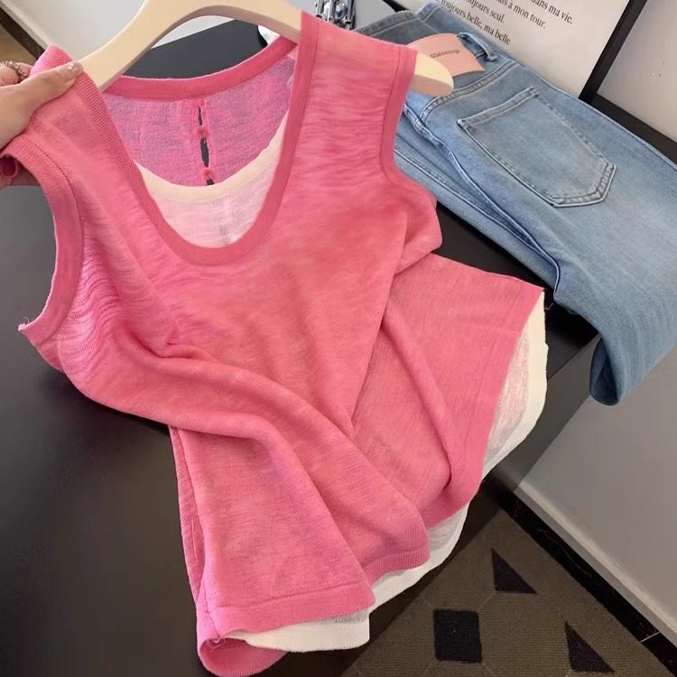 超显白树莓粉拼接假两件冰丝无袖背心女夏季洋气减龄气质百搭上衣,女装/女士精品,背心吊带,淘宝优惠券,粉丝福利购,淘宝优惠卷