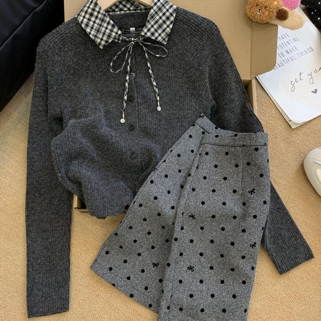 修身百搭格子拼接针织衫开衫毛衣外套半身裙短裙两件套装气质洋气