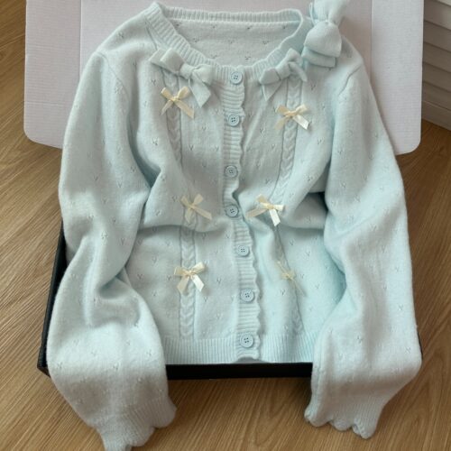 2025秋冬新甜美花边领开衫女蝴蝶结长袖针织衫学院风外套女初中生