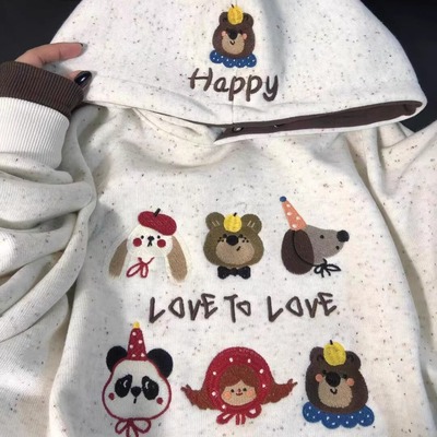 又被洋气住了~美式复古彩点可爱刺绣小狗宽松连帽卫衣女秋季外套