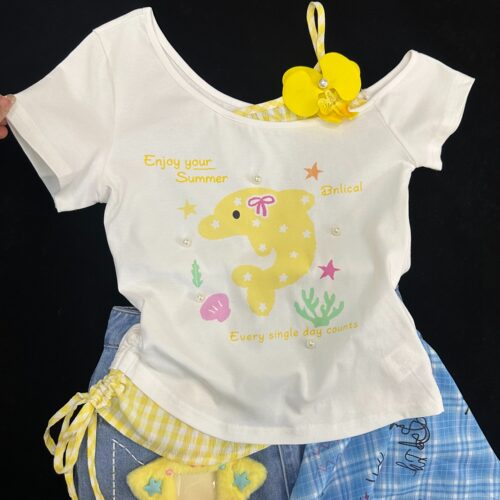 多巴胺海豚印花斜肩显瘦T恤女