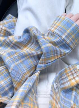 蓝色格子衬衫女早秋慵懒风休闲遮肉衬衣宽松百搭防晒开衫长袖上衣