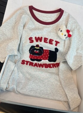 韩版小猫刺绣灰色宽松短袖正肩t恤女夏纯棉圆领半袖女2025年新款