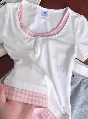 韩系甜妹撞色格纹短袖T恤女2025夏季新款假两件修身显瘦短款上衣