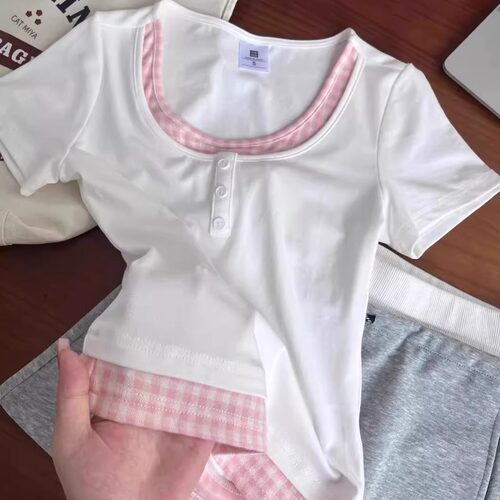 韩系甜妹撞色格纹短袖T恤女2025夏季新款假两件修身显瘦短款上衣