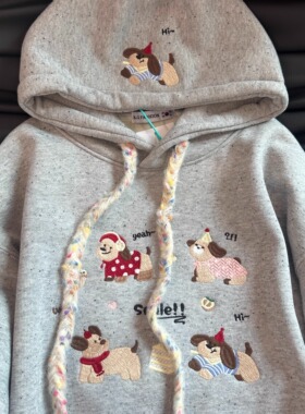 灰色刺绣加绒加厚连帽卫衣女2025冬季新款爆款小个子帽衫外套上衣