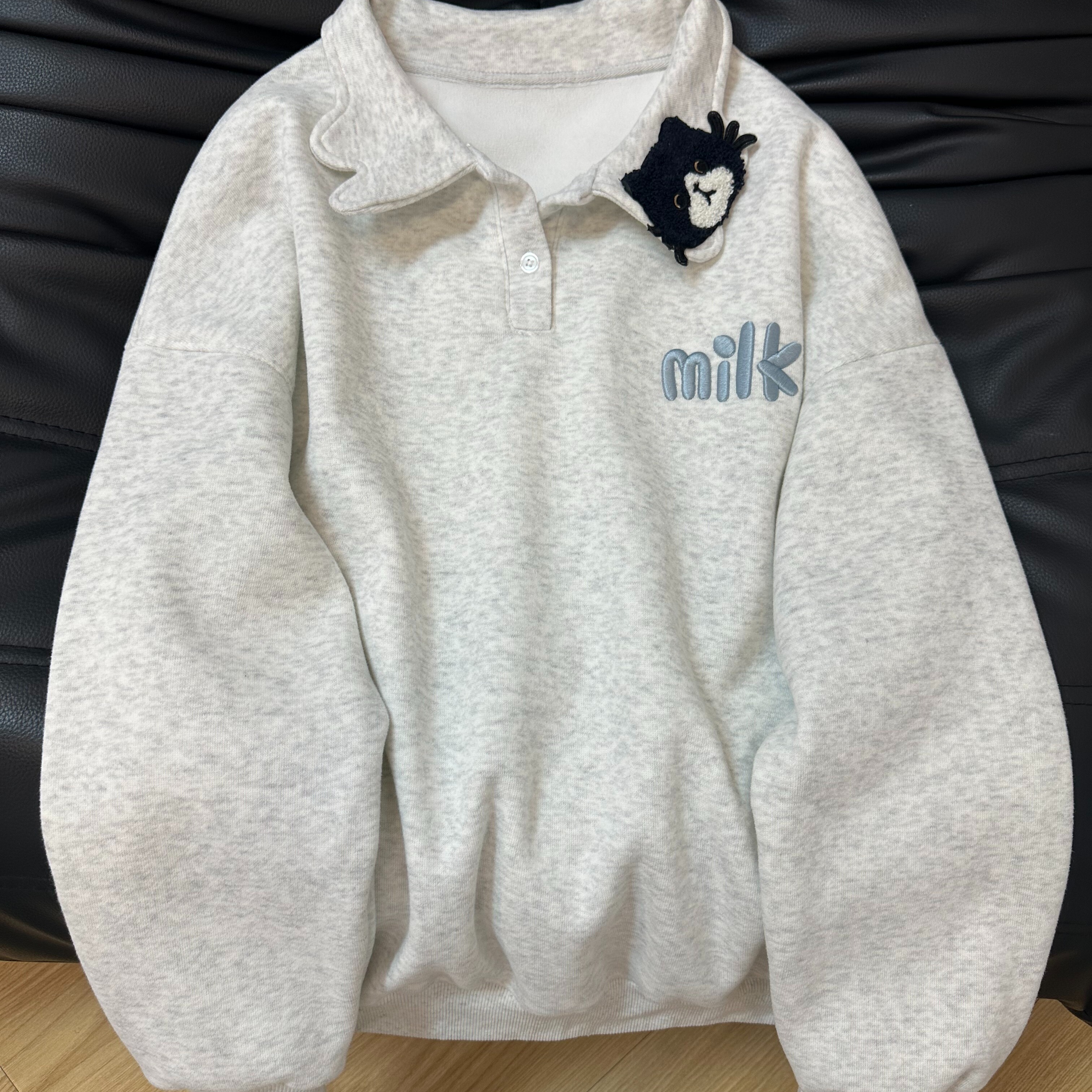 美式复古慵懒风刺绣翻领卫衣