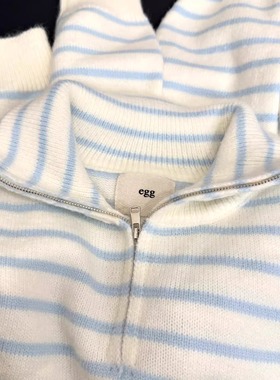 KFCAG韩系蓝色条纹针织毛衣女2025新款慵懒风翻领拉链开衫外套