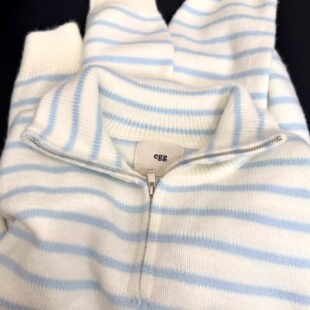 KFCAG韩系蓝色条纹针织毛衣女2025新款慵懒风翻领拉链开衫外套