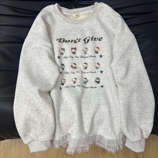 KFCAG加绒卫衣女2025冬甜美蕾丝拼接KT猫印花圆领宽松百搭上衣