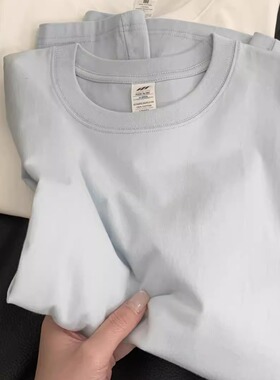 纯棉浅蓝色短袖T恤女秋季2025新款爆款纯色圆领打底衫百搭上衣服