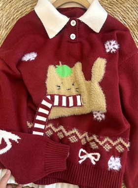 围巾小猫红色翻领正肩毛衣女2025秋冬新款胖mm新年氛围感减龄上衣