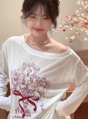 甜辣妹涂鸦印花白色斜露肩长袖罩衫t恤女夏季设计感小众抽绳上衣