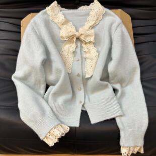 KFCAG甜美蕾丝花边蝴蝶结毛衣女2024秋冬新款宽松甜美保暖开衫