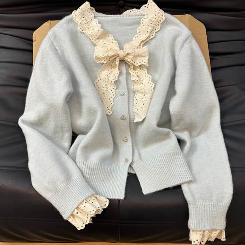 KFCAG甜美蕾丝花边蝴蝶结毛衣女2024秋冬新款宽松甜美保暖开衫