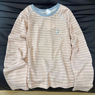 长袖 粉色清新经典 新宽松透气薄款 女2025春季 上衣 条纹早春T恤罩衫