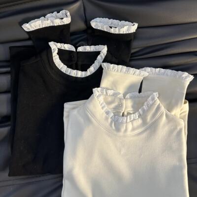 半高领德绒加厚长袖T恤打底衫2024秋冬季法式蕾丝花边澳绒上衣女