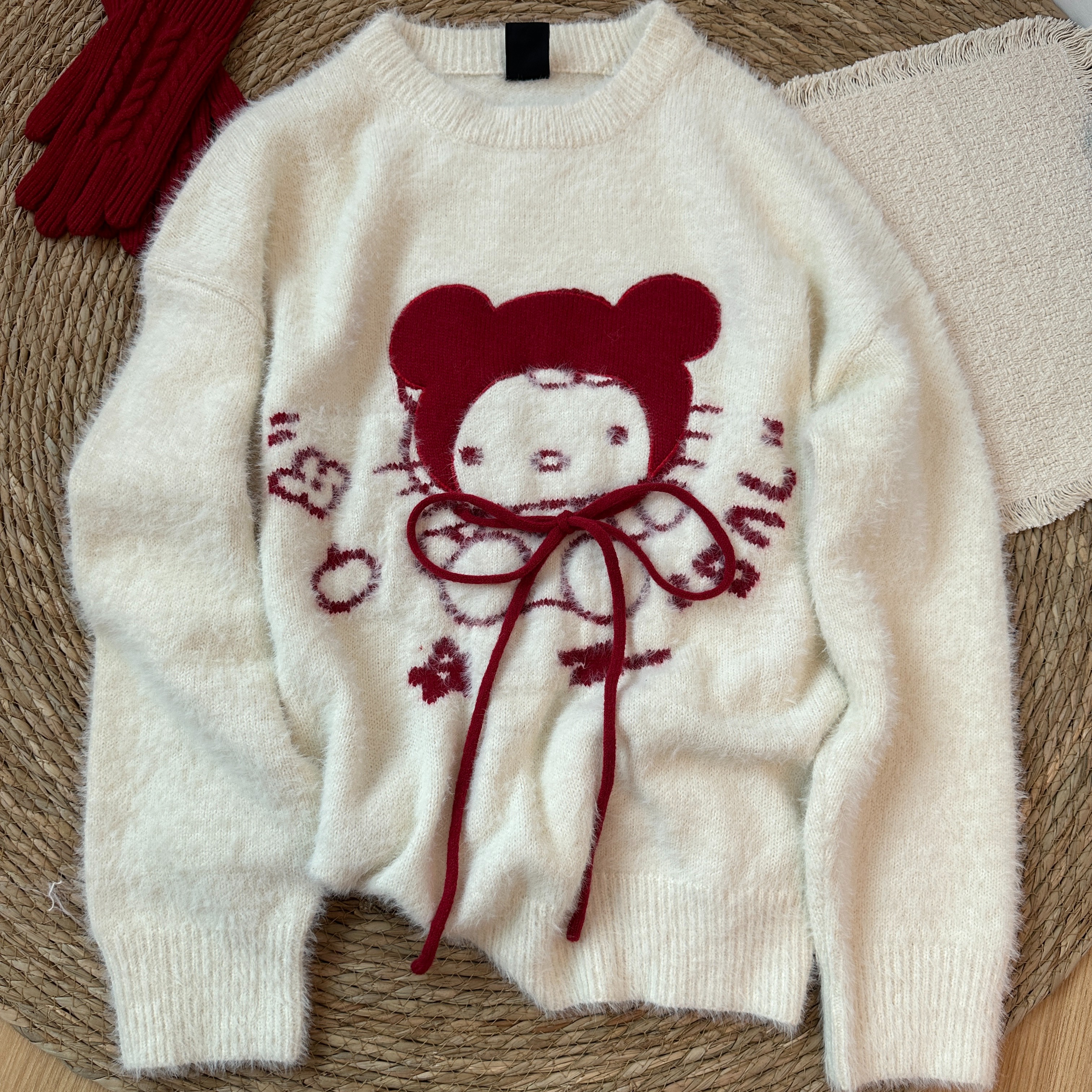 可爱kitty猫蝴蝶结系带软糯毛衣女秋冬甜酷宽松显瘦保暖针织上衣