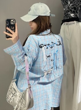 美式复古蓝色格子长袖衬衫女夏季设计感小众宽松防晒衬衣外套上衣
