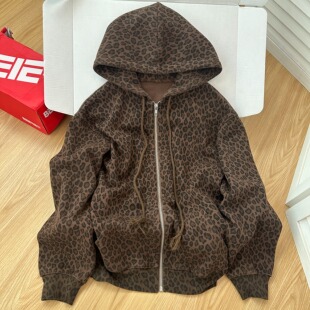 华夫格豹纹连帽卫衣女薄款2025新款初秋宽松显瘦美式慵懒拉链外套