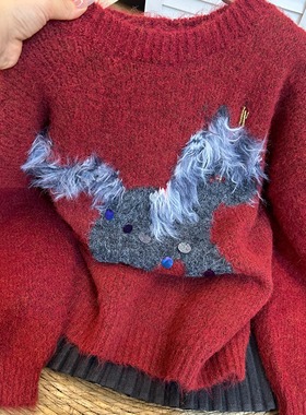 水貂毛马年红色正肩针织毛衣女2025秋冬新款大码胖mm洋气减龄上衣