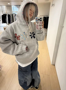 美式高街织带帽衫刺绣花朵卫衣女秋冬加绒重磅灰色情侣装连帽外套