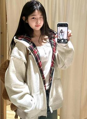 美式灰色连帽卫衣外套女秋冬新款宽松慵懒风撞色格子拼接拉链开衫