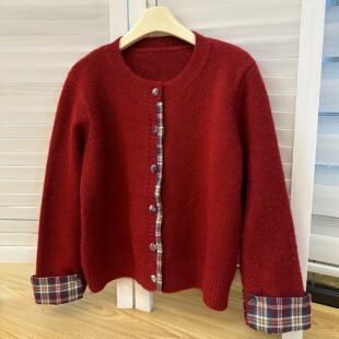 韩系假两件撞色格子拼接毛衣女秋冬内搭针织开衫百搭宽松圆领上衣