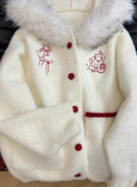 KFCAG 白色小猫刺绣撞色可拆卸毛领针织开衫百搭宽松拼接保暖毛衣