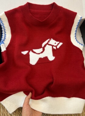 2026早春新款小马提花针织背心女红色圆领叠穿氛围感毛衣背心女