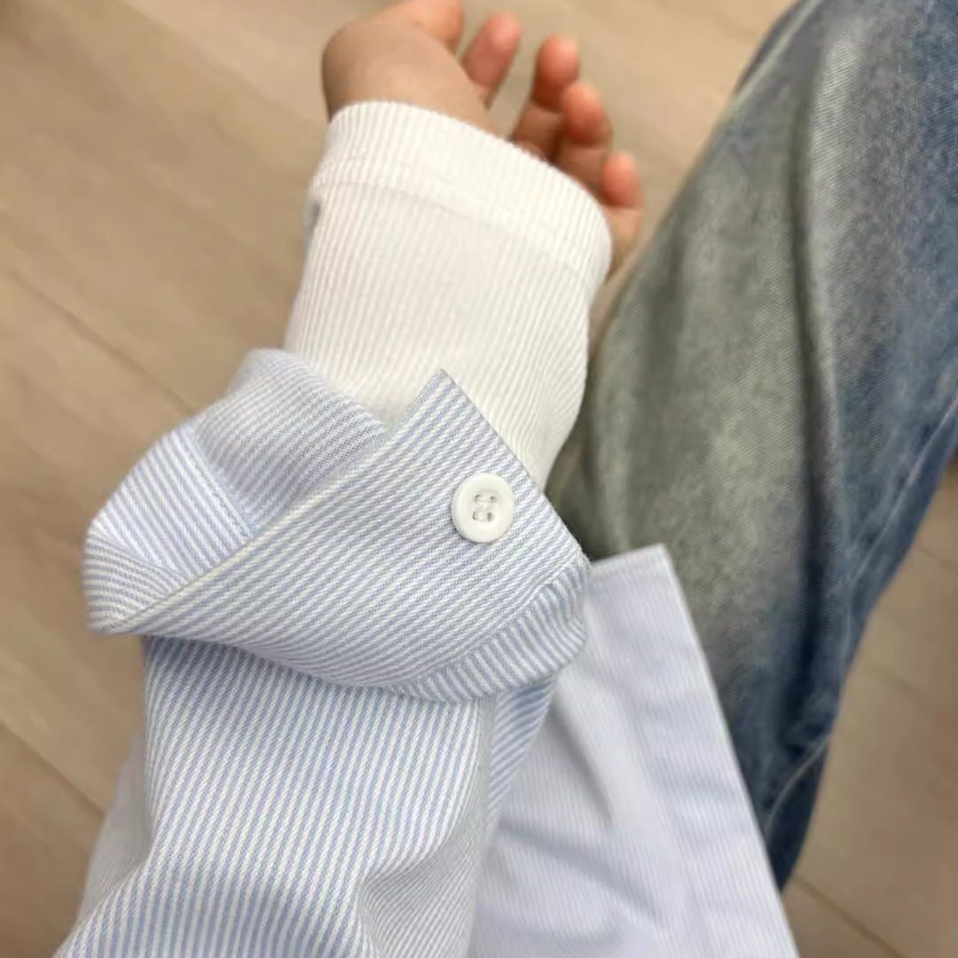 蓝色条纹衬衫女春季2025新款设计感小众打底衬衣内搭叠穿长袖上衣,女装/女士精品,衬衫,淘宝优惠券,粉丝福利购,淘宝优惠卷