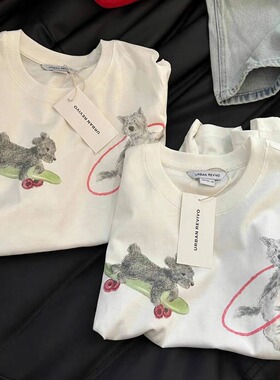 2025夏季短袖宽松中长款小个子灰色设计感猫咪小众t恤上衣女