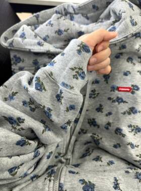 KFCAG日系小碎花连帽加绒长款卫衣女宽松印花通勤外套上衣女秋冬