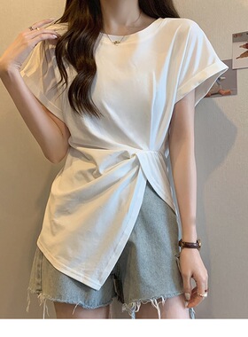 圆领白色短袖T恤女夏2023新款修身不规则上衣设计感小众+肌理裤