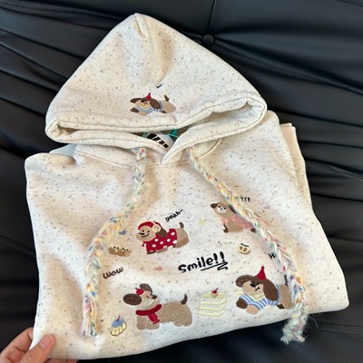 韩系冬季加绒重磅可爱彩点卡通重工刺绣连帽卫衣女减龄慵懒风卫衣