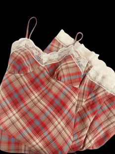 中长款 气质裙子 复古蕾丝花边格子吊带连衣裙女春夏季 早春2023法式