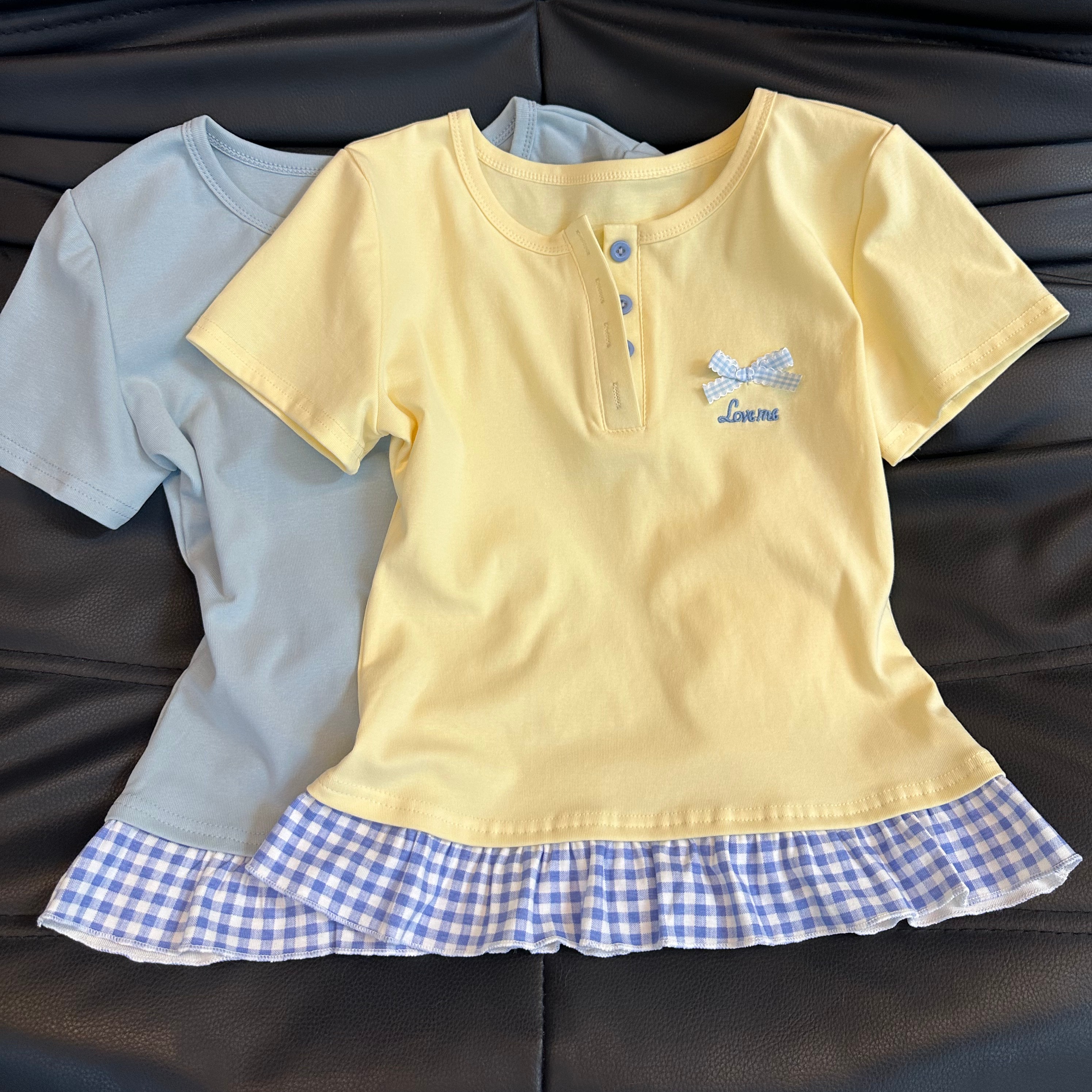 多巴胺黄色拼接假两件t恤女夏季新款小个子甜美蝴蝶结设计感上衣