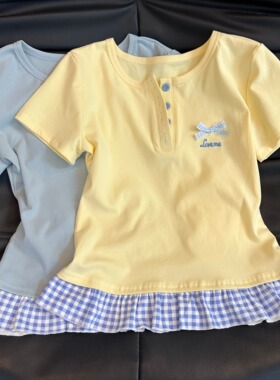 多巴胺黄色拼接假两件t恤女夏季新款小个子甜美蝴蝶结设计感上衣