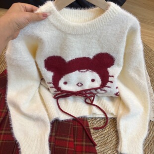 KFCAG韩系卡通小红帽kitty绑带水貂绒针织衫毛衣女秋冬慵懒风上衣