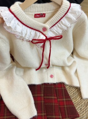 韩系温柔风甜美蕾丝边蝴蝶结针织开衫女秋冬2025新款软糯毛衣外套