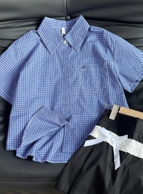 KFCAG自制港风蓝色格子短袖衬衫女上衣2025夏季新款休闲气质衬衣