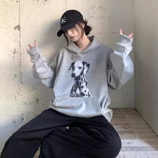 KFCAG 邓为同款 美式复古斑点狗狗印花戴帽重磅春秋冬潮牌卫衣