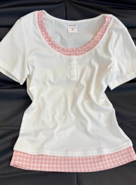 白色假两件正肩短袖T恤女格子拼接设计感绝美小上衣2025新款夏季
