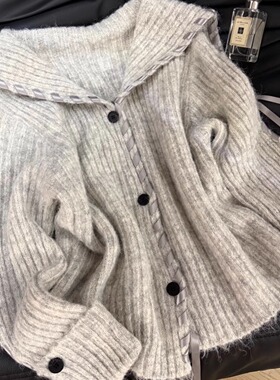 灰色海军领v领针织毛衣女春秋秋冬2025新款短款冬季上衣开衫外套