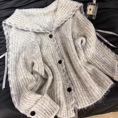 灰色海军领v领针织毛衣女春秋秋冬2025新款短款冬季上衣开衫外套