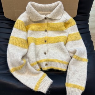 韩系复古撞色条纹翻领毛衣开衫 外套女秋冬宽松慵懒风小个子针织衫