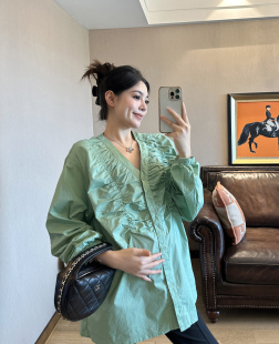 新款 薄款 孔雀绿大码 宽松长袖 孕后期上衣 衬衫 PEIPEI佩佩孕妇装