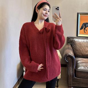 PEIPEI佩佩高定孕妇装 毛衣新年红上衣节日外穿V领秋冬宽松孕后期