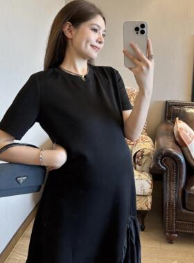 PEIPEI佩佩高定孕妇装2024新款黑色设计裙摆夏装赫本风夏季连衣裙